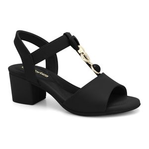 Sandália Feminina Salto Bloco Médio Preta Enfeite Dourado Comfortflex 2457402-3