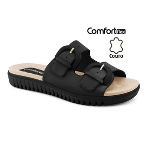 Sandália Flat Feminina Couro Liso Preta Comfortflex 2345404-18