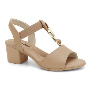 Sandália Feminina Salto Bloco Médio Caqui Enfeite Dourado Comfortflex 2457402-2